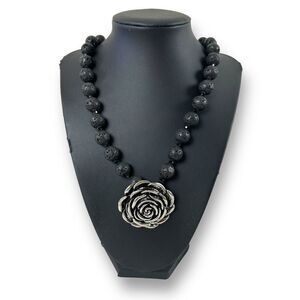 Artisan Lava Stone Beaded Necklace With Silver Tone Rosette Pendant Statement